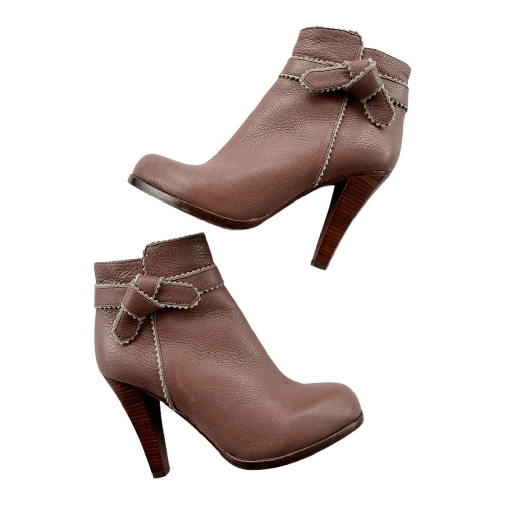 See By Chloe Brown Leather Ankle Booties with Bow Detail